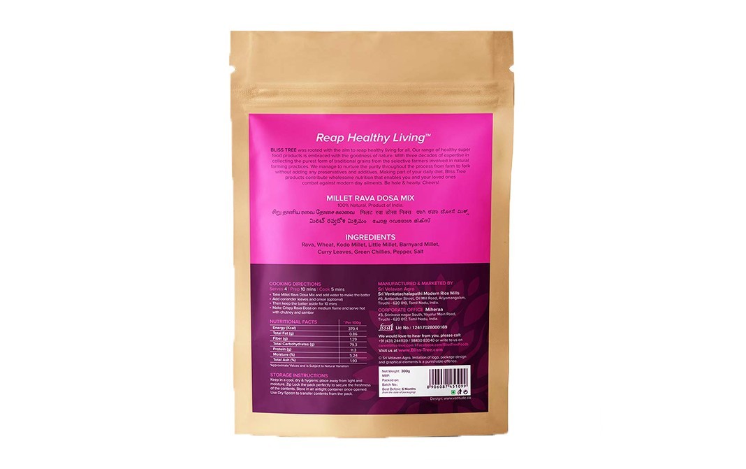 Bliss Tree Instant Mix Millet Rava Dosa   Pack  300 grams